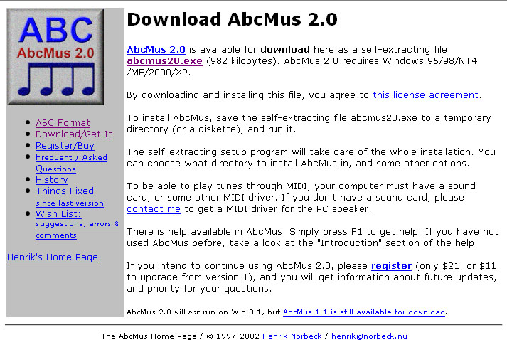 AbcMus 2.0 のDownloadページ